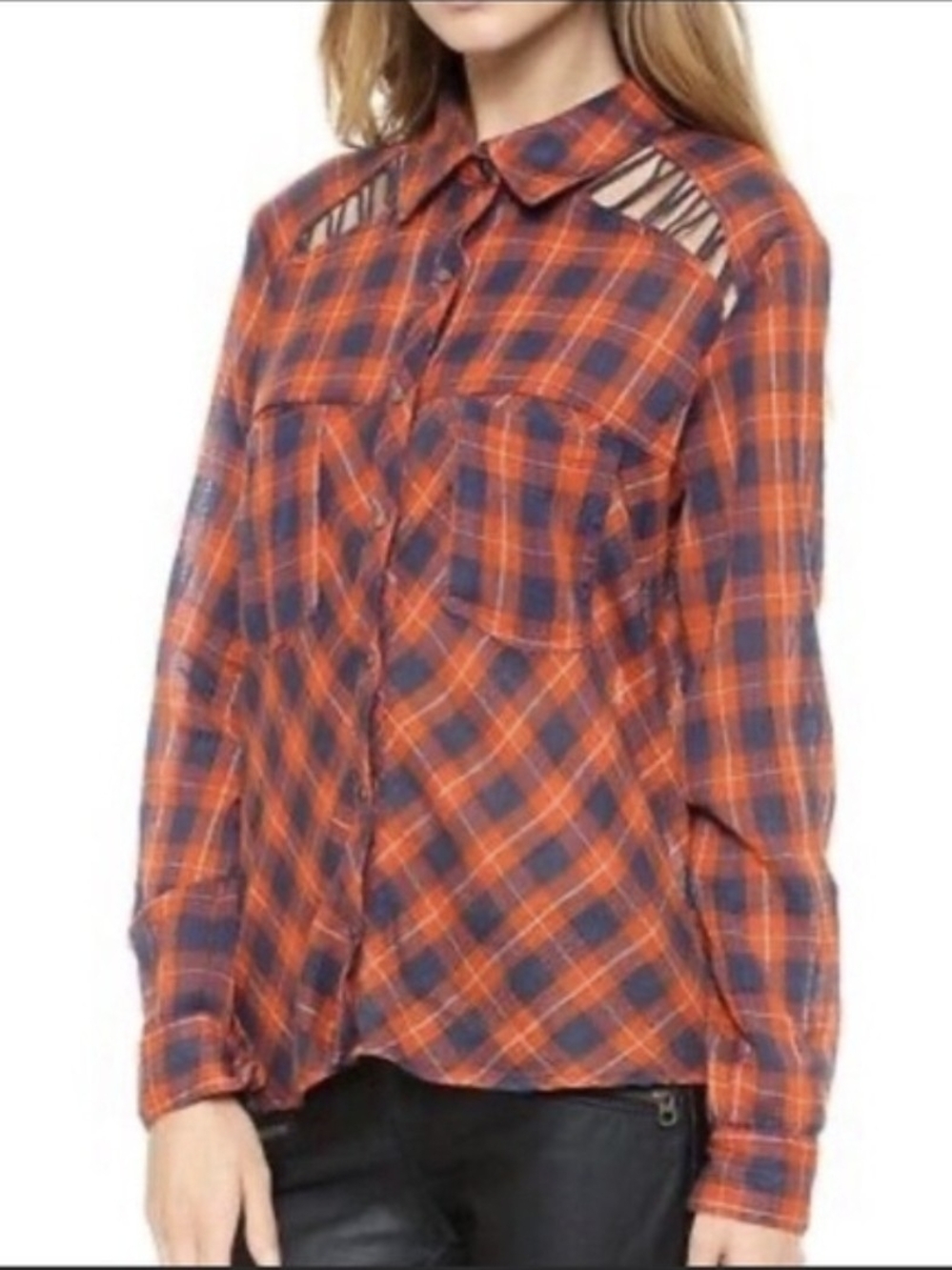 Free People Gauzy Plaid Cutout Shoulder Button Down Shirt Orange Blue Womens M